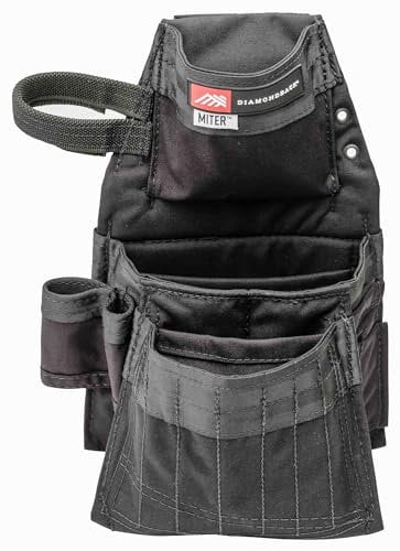 The Diamondback Miter Tool Pouch - Clip-On Tool Belt Pouch with 3 Pockets, 7 Slots, & 3 Loops- Lightweight Belt Tool Pouch- Durable Tool Pouch with Belt Clip 15.25x10.25, 1 lb (Black)