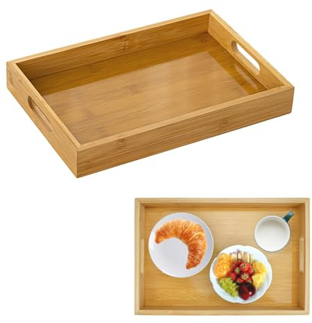 Rairsky Vassoio Rettangolare con Manici, 30 x 20 x 4 cm Vassoio da Portata, Vassoio in Bambù per Cucina, Vassoio Bamboo Grande Rettangolari Piatto da Colazione per Colazione