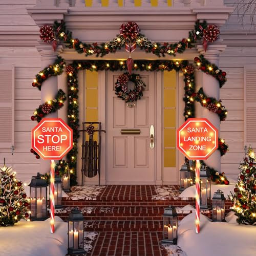 HELESIN Outdoor Christmas Decorations 2 PCS 28LED Santa Claus Sign Light, Xmas Indoor Outdoor Hanging Banner for Fence Garden New Year Party Supplies