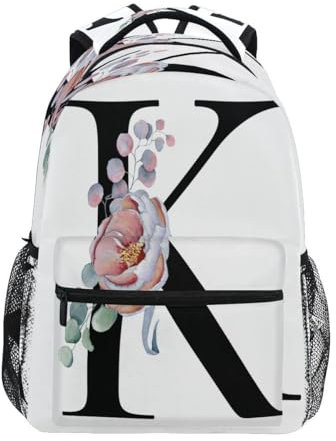 Ksajwzf School Laptop Backpack Alphabet K for Girls Kids Boys Flower Black Panther Bookbag Elementary College Travel Hiking Daypack Backpacks with Name Brand for Men Women