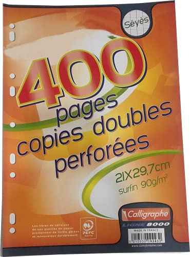 Lot de 2 paquets de copies doubles perforées - A4 21x29,7 cm - 400 pages Grands carreaux - papier blanc 90g - Pour Classeur 32x26 cm minimum - Calligraphe 9243C (gamme scolaire Clairefontaine)