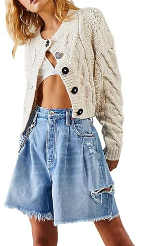 WERNZATT Women's Cable Knit Long Sleeve Sweater Y2K Chunky Button Down Cropped Cardigan Fall Winter Going Out Sweater Coat (Beige, M)