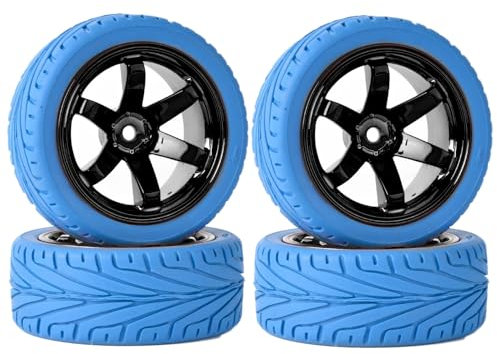KINGCOO 65mm Gummireifen und Kunststoffräder Set,RC Auto Reifen und Rader Felgen 12mm Hex für 1/10 RC Auf Straße Racing Touring Auto für HSP HPI Kyosho Tamiya (Blau Schwarz)