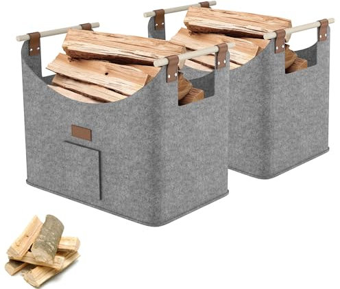 YRHome 2er Brennholzkorb Holzkorb für Kaminholz Extradickem Kaminholzkorb feuerholzkorb Groß Kaminholztasche Filzkorb für Brennholz Feuer Kamin mit Holzgriffen Bis 40KG 50x32x40cm - Hellgrau
