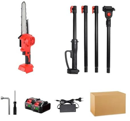 Akku-Hochentaster, 8 Zoll Bürstenlose Teleskop Kettensäge mit 2 x 4000mAh Akku und Ladegerät, Verlängerungsstange, 180° Drehbarer Schneidkopf, Verstellbare Stange bis 2.25M (Akku*2)