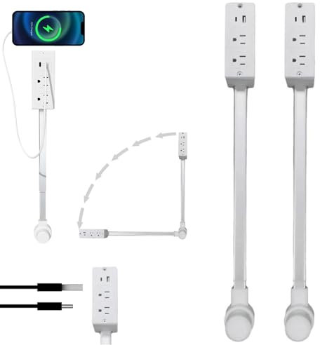 WilkSxyc Extension de Prise Electrique, Accès Aux Prises Difficiles D'accès, Rotation à 180°, USB-A, USB-C et 2 Prises CA, Extensible de 45 à 70 cm, pour Canapé, Table de Chevet, Bureau (2 Pièces)