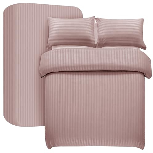 My home store Bettwäsche-Set für Super-King-Size-Betten, 4-teilig, Satin, gestreift, weich gebürstete Mikrofaser, Bettwäsche-Set mit Spannbetttuch 30 cm tief und 2 Kissenbezügen (Blush)
