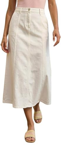 Roman Originals Cotton Denim Panelled Midi Skirt for Women UK - Ladies Everyday Autumn Winter Comfy Soft Evening Vacation Work Party Night Out - White - Size 12