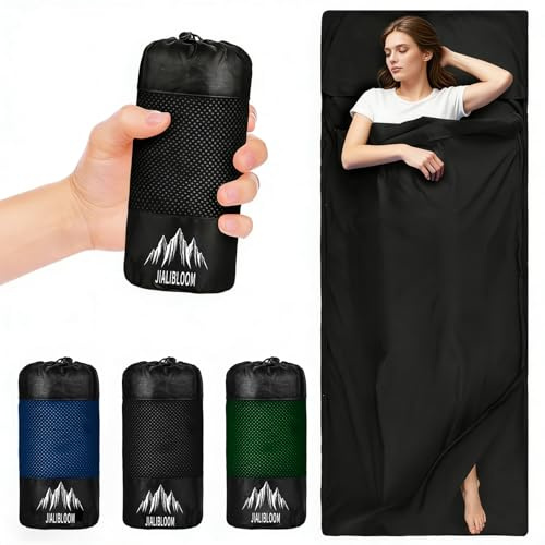 Hüttenschlafsack Baumwolle, 2in1 Ultraleichter Reise-Schlafsack, Reiseschlafsack mit Wege Reißverschluss Hüttenschlafsack aus Mikrofaser mit Kissenfach für Erwachsene Camping Wandern Hostels-Schwarz