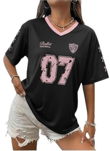 Zidoley Jersey Tops for Women, y2k Fashion Ladies Oversized t Shirts, V Neck Sports American Football/Baseball Jersey, Number Summer Varsity Top (UK, Alpha, S, Regular, Regular)