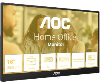 AOC 16T3FE 16 Zoll FHD USB Hub Monitor, 60Hz, IPS Panel, 5ms GtG, Lautsprecher,(1920x1080 HDMI 1x Mini HDMI) Schwarz