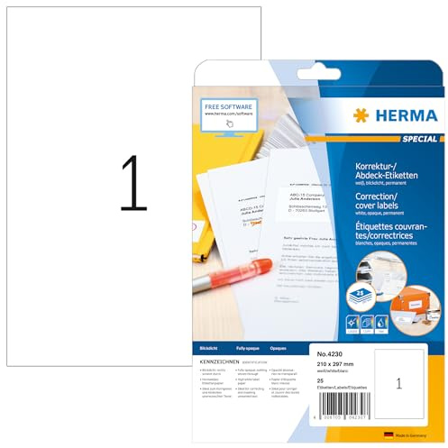HERMA 4230 Korrekturetiketten blickdicht, 800 Blatt, 210 x 297 mm, 1 pro A4 Bogen, 800 Stück, selbstklebend, bedruckbar, matt, blanko Papier Abdeckaufkleber Etiketten, weiß