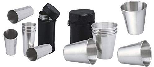 12 tlg Becher und Schnapsgläser aus Edelstahl, Stapelbar im Lederetui, Männergeschenk, Metall Becher für Camping, Wandern, Outdoor, Picknick, Trinkbecher, Schnapsbecher, Stamperl mit Leder Tasche