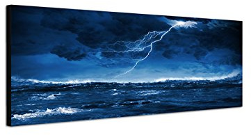 Wandbild auf Leinwand als Panorama in 120x40cm Meer Wellen Sturm Gewitter Blitze Nacht
