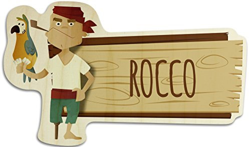 printplanet Türschild aus Holz mit Namen Rocco - Motiv Pirat - Namensschild, Holzschild, Kinderzimmer-Schild