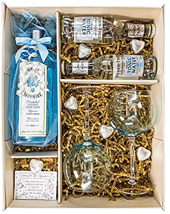 Bombay Sapphire London Dry Gin 70cl Gift Set Hamper With Matching Gin Glasses, Tonics & Belgian Chocolates - Fully Gift Boxed Gin Gifts for Him, Her, Birthday or Anniversary