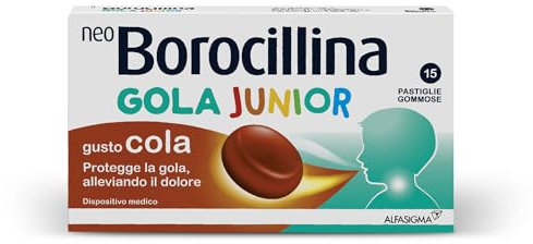 NEO BOROCILLINA Gola Junior, 15 Pastiglie Gommose, Sostiene il Ripristino del Benessere della Gola, Riduce il Bruciore e la Sensibilità alla Deglutizione, Gusto Cola, Dispositivo Medico