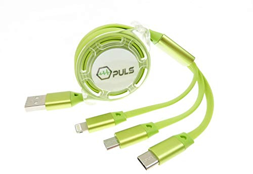 Rollin Multi USB Handy-Ladekabel grün ★ ausziehbar / einziehbar 1,5m rollbar ✓ Ideal für unterwegs im Auto ✓ Multi-Stecker Anschlüsse / Universal-Stecker Kombi / Mehrfach-Stecker ✓ ohne Datenleitung