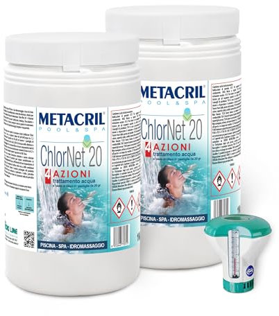 CHLOR Net 20 4 Azioni 2KG(1+1) + Dosatore Galleggiante - Metacril Cloro Piscina MULTIAZIONE in pastiglie da 20gr per Piscina e idromassaggio.Spedizione IMMEDIATA