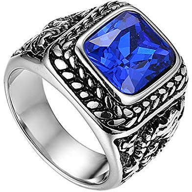 Flongo Herrenring Männer Ringe Daumenring Bandring Siegelring mit Glas Edelstein Silber Blau Drache Schnitzerei Klassiker Charm Herren-Accessoires Größe 67