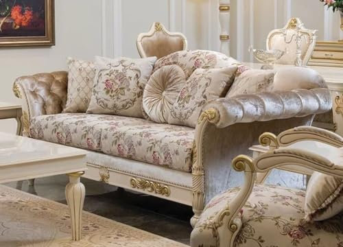Casa Padrino Luxus Barock Sofa Creme/Rosa/Weiß/Gold 228 x 90 x H. 100 cm - Edles Wohnzimmer Sofa mit Blumenmuster und dekorativen Kissen - Barock Wohnzimmer Möbel