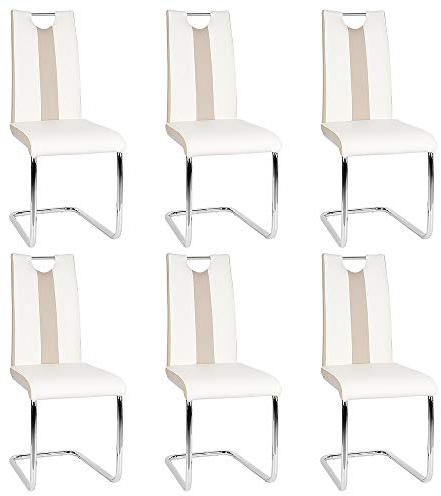 Esszimmerstuhl mit Hoher Rückenlehne, Schwingstuhl Set, 6-er Set, Weiß + Beige