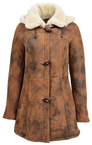 House Of Leather Womens Real Sheepskin Duffle Coat Detachable Hoodie Parka Ellen Vintage Brown (10)