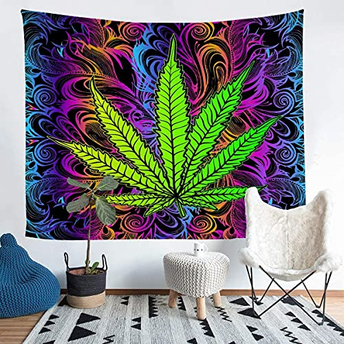 Marihuana Unkrautblatt Wandteppich 130x150cm Cannabis Tapisserie Cannabis Blätter Wandbehang für Damen Herren Beschwingt Grün Bunt Bedruckt Wandkunst Wohnzimmer Schlafzimmer Dekor