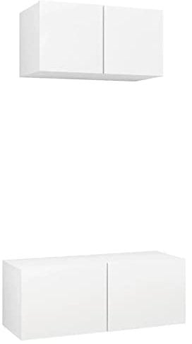 vidaXL TV Schrank Set 2-TLG. Wohnwand Schrankwand Anbauwand Hängeschrank TV Möbel Lowboard Fernsehschrank Wandschrank HiFi-Schrank Weiß Holzwerkstoff