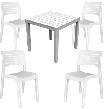 Mojawo Bistrogarnitur 5-teilig Bistrotisch Kunststoff Eckig 78x78cm H72cm + 4 Garten Stapelstühle Kunststoff Weiß
