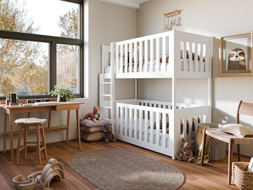 Arthauss Wooden Bunk Bed Konrad with Cot Bed in White - Convertible into Two Single Beds, Solid Pine Wood - Children Space-Saving Double Decker Bed with Universal Ladder