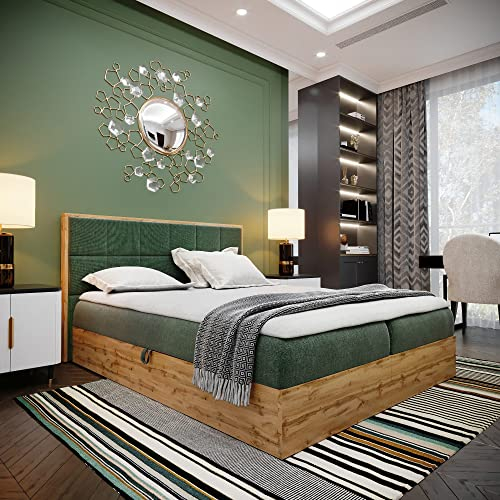 LOFT 2 Boxspringbett Doppelbett - Das Perfekte Bett für Ihr Schlafzimmer. 160x200cm Mit Bonellmatratze, Bettkasten für Bettwäsche und Topper. Mit Kopfteil. (Grün, 160x200)