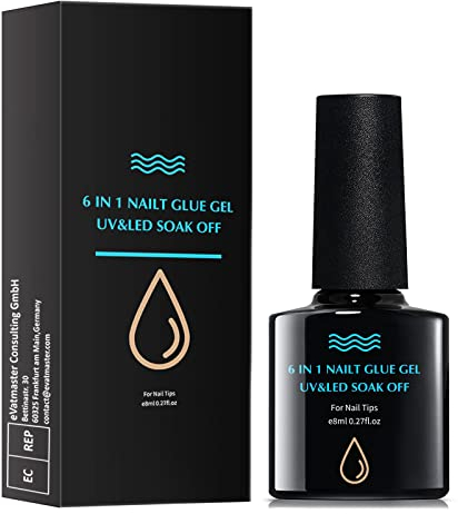 Colle Faux Ongles 6 en 1 Colle Capsules Ongles UV 8ml,Base Gel Pour Pose Américaine Ongles Capsules,Base Coat et Top Coat Nail Glue Gel Ongle sous UV/LED Gel Ongles