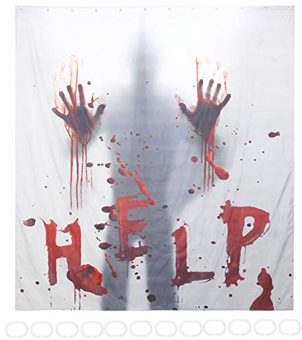 Cyrank Halloween-Duschvorhang, Horror-Duschvorhang Bedruckt mit Hilfe und blutigen Händen für Halloween-Badezimmerdekoration, 180 x 200 cm