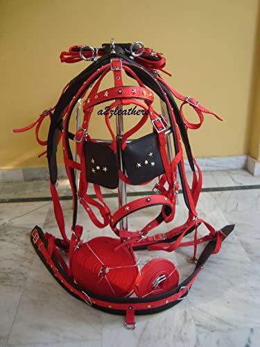 SHOWMEN CRAFT Nylon Driving Harness for Single Horse in Red/Black with Diamante Headband Bridle in 4 Size (Full)
