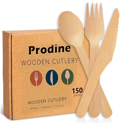 PRODINE 150PCS Disposable Wooden Cutlery Set [50 Forks 50 Spoons 50 Knives] BPA Free Eco-Friendly Biodegradable Cutlery Set for Picnic Outdoor Parties (Pack of 150)