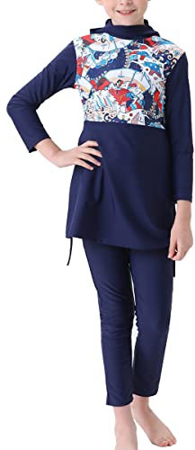 IMEKIS Kid Girls Muslim Swimwear Modest Swimsuits Islamic Burkini Outfit Long Sleeve Hooded Swim Top Pants 2pcs Tankinis Swimming Costume Summer Beachwear Bathing Suit Navy Blue-Full Body 11-12 Years