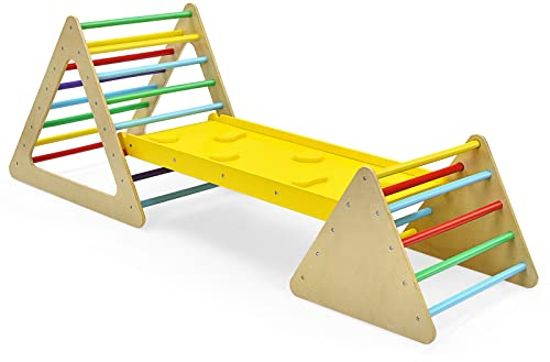 RELAX4LIFE Triangolo da Arrampicata con Scivolo per Bambini, 2 Scale e 1 Rampa per Arrampicarsi in Legno, Giochi Montessori, Parco Divertimenti per Bimbi 1+ Anni (Colorato)