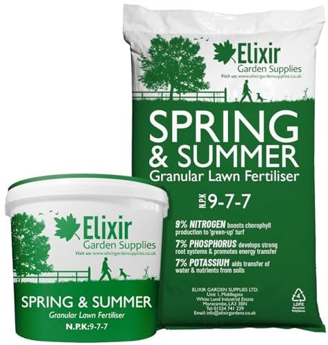 Elixir Gardens Spring & Summer 9-7-7 | Treats 427 sq.m | Granular Lawn Fertiliser/Turf & Grass Feed/Food | 15kg Bag