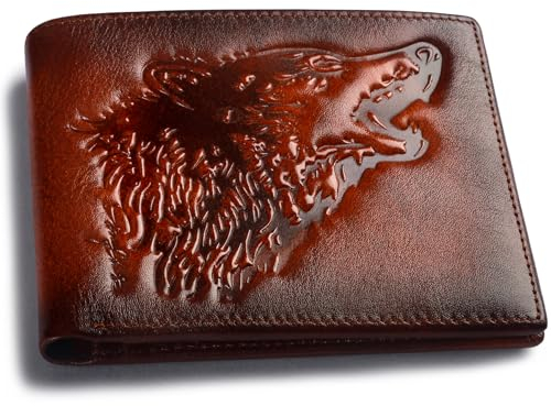 skneephate Wolf Coole Herren-Geldbörse, Leder, doppelt gefaltet, RFID-blockierend, Geschenk für Ihn und Ehemann, Braun, Vintage