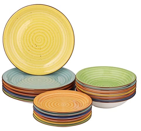 Baroni Home Juego de 18 Platos de porcelana y gres, Vajilla para 6 personas, Set Completo, Conjunto de Platos planos, hondos y platillos para postre, Fantasía Colores
