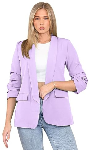 janisramone Blazer à manches froncées entièrement doublé pour femme, col ouvert uni, décontracté, veste formelle de bureau, haut lilas