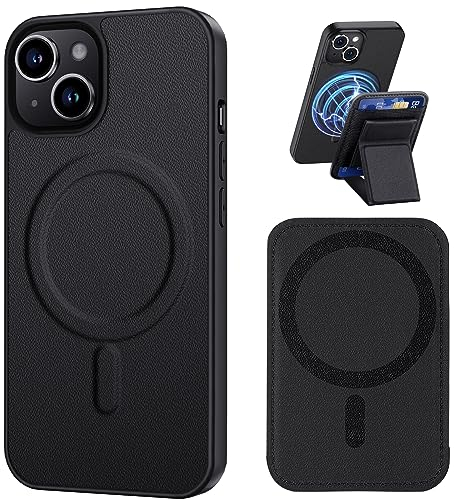 Coque iPhone 14 for MagSafe avec Magnétique Support Slot Card Holder Porte Carte Béquille Ajustable Telephone Protection Housse Étui avec Magnetic Wallet en Cuir Fold Stand. Cuir D'agneau Imprimé Noir