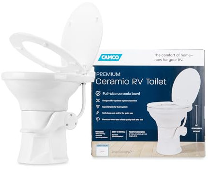 Camco WC in ceramica di alta qualità per camper/camper, con sistema di scarico a gravità con comodo pedale, design ergonomico con 18 altezza della sedia, sedile e coperchio in legno con chiusura