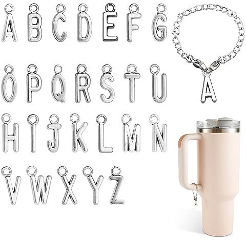 26pcs Letter Charm Accessories for Stanley Cup, Stylish Tumblers Letter Charm Accessories Name & ID Letter Handle Charms for Stanley (Silver)