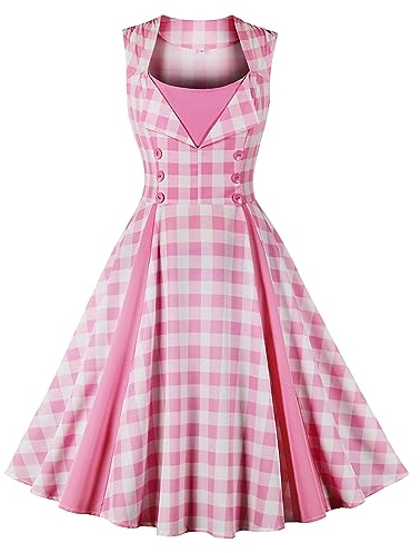 50er Jahre Rosa Plaid Kleider für Damen Vintage 1950er Rosa Gingham Kleid Spaghettiträger Rockabilly Pinup Kleider Halloween Cosplay, pinkes Karomuster, XX-Large