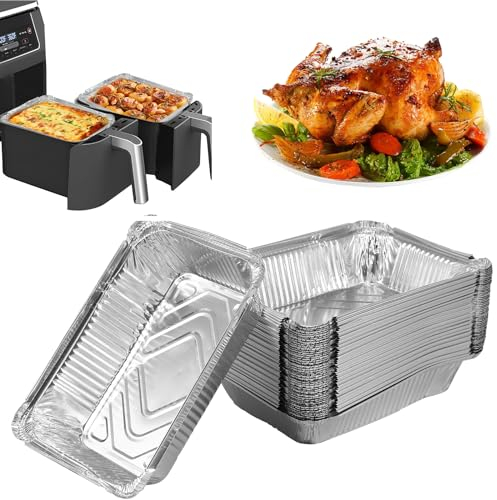 50 bandejas de aluminio pequeñas de 22 x 16 x 5 cm, bandeja desechable, 1100 ml, pequeñas bandejas de aluminio, resistentes al agua, para hornear, cocinar, freidoras de aire caliente, hornos