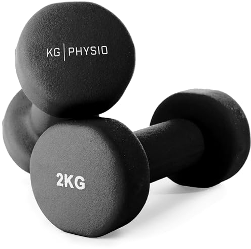 KG Physio Pesi Palestra, Kit di 2 Manubri Palestra con Rivestimento in Neoprene, Accessori Palestra Con tecnologia Anti Rotolamento, Poster A3 con Esempi di Esercizi Fitness 2kg, Nero