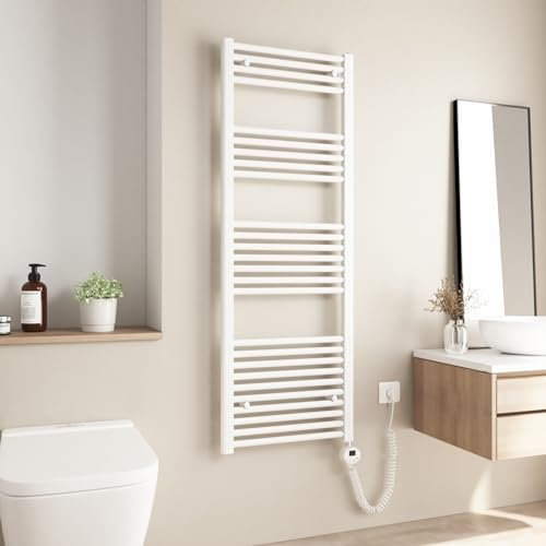Heilmetz Termoarredo Bagno 1400x500mm Scaldasalviette Elettrico Bagno con Termostato, Termoarredo Elettrico Bagno, Temperatura Regolabile Radiatore Elettrico Basso Consumo da Parete Verticale, Bianco
