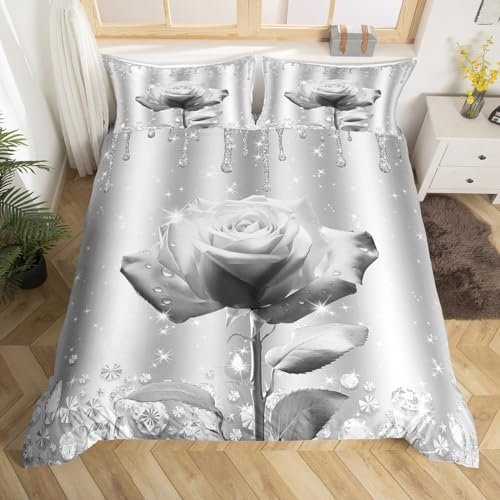 Grey Rose Duvet Cover Set King Size, Silver Glitter Diamond Print(No Glitter) Comforter Cover with 2 Pillowcases, 3D Grey Rose Flower Bedding Set 3pcs for Kids Girls Lightweight Bedspread Cover